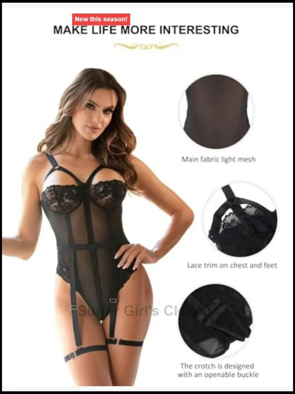 Lace Bodysuit Teddy Garter Set with Thigh Garter Rings, Sexy Rave Outfit